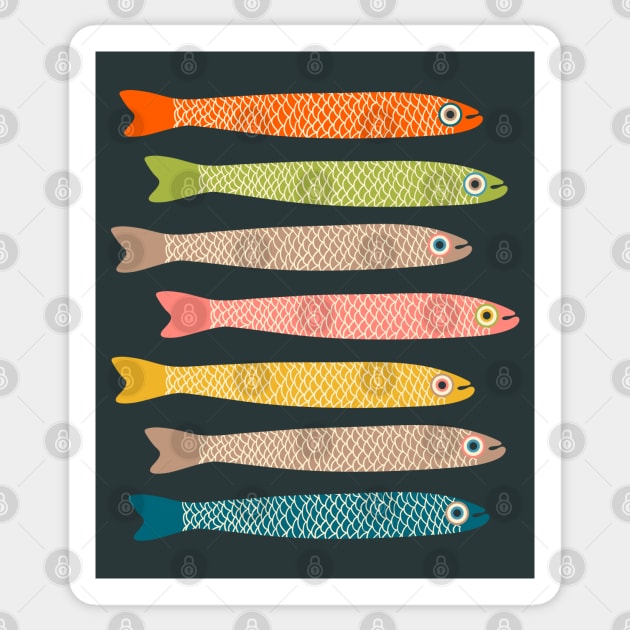 ANCHOVIES Bright Graphic Fun Groovy Fish in Vintage Orange Yellow Pink Blue Green Beige on Charcoal - Horizontal Layout - UnBlink Studio by Jackie Tahara Sticker by UnBlink Studio by Jackie Tahara